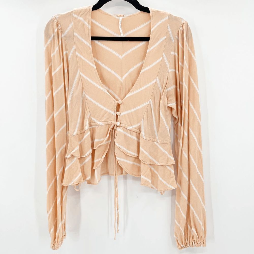 Free People Samifran Ruffle Top Women's Size S Salmon Orange Striped Peplum Crop - Picture 2 of 5